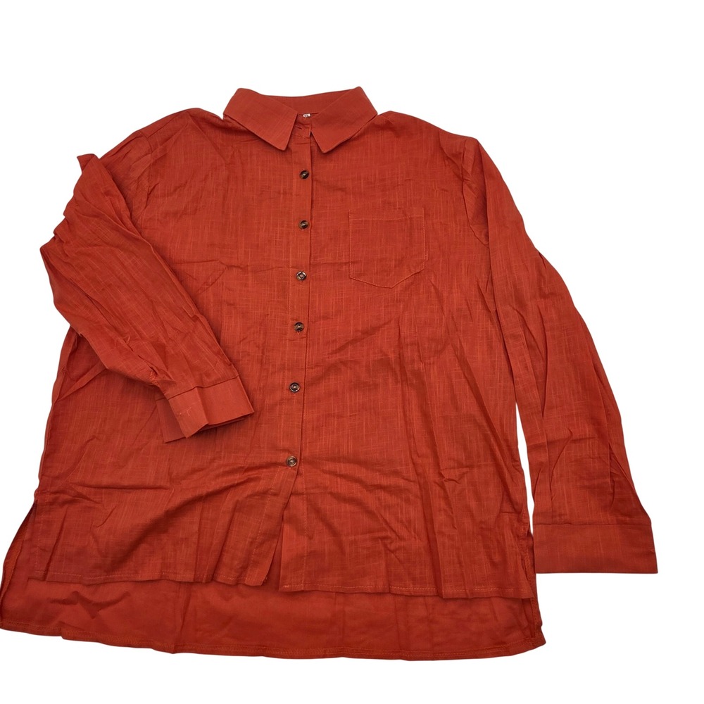 NWOT Button Down Shirt Women XL Orange Linen Blend Long Sleeve High Low Workwear